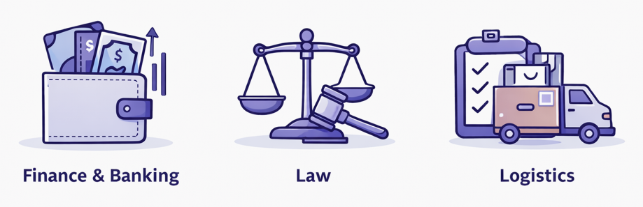 Icons representing three sectors: a wallet with money for Finance & Banking, a gavel and scales for Law, and a delivery truck with packages for Logistics.