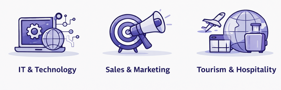 Icons representing IT & Technology, Sales & Marketing, and Tourism & Hospitality, including a computer with gears, a target with a megaphone, and travel-related items like an airplane, suitcase, and globe.