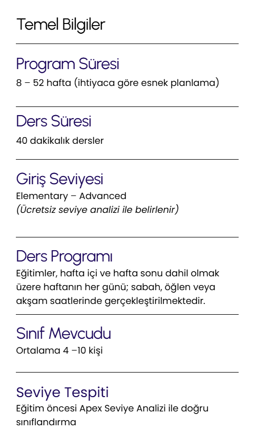 Text document in Turkish titled "Basic Information" with sections on program duration, lesson duration, entrance level, course program, class size, and level assessment.