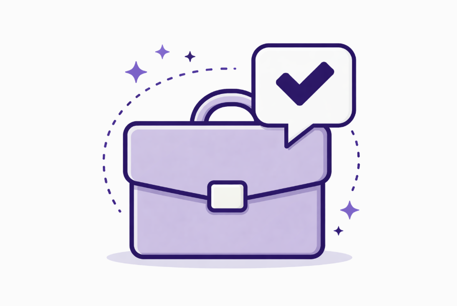 A purple briefcase with a checkmark in a speech bubble above it.