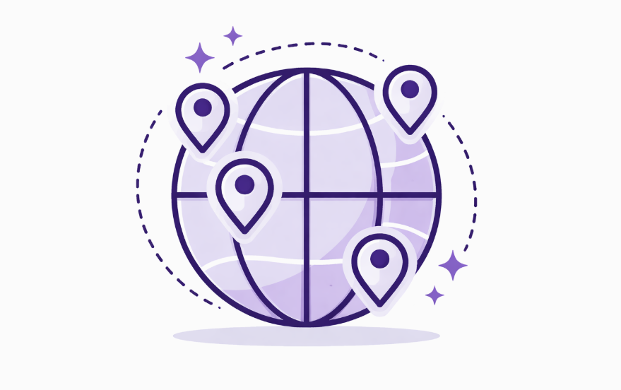 A stylized globe with four location pins and decorative stars in purple and white colors.