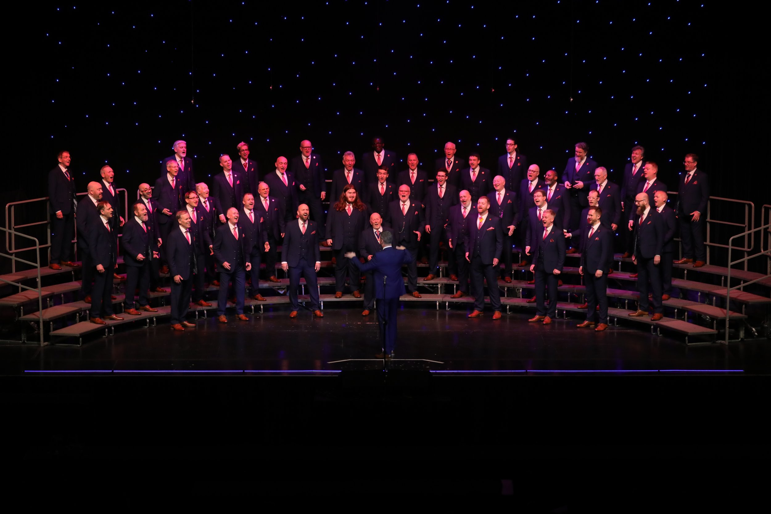 A men's choir performance on stage with dark background and star-like lights. The conductor faces the choir, which is arranged on tiered risers, all dressed in matching suits with pink ties.