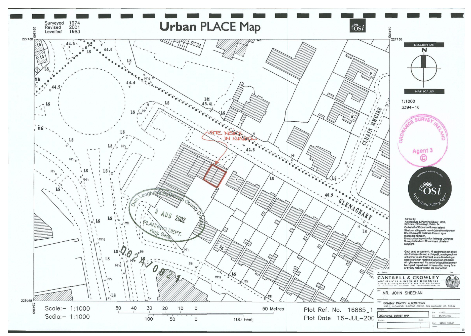 A detailed urban place map showing buildings, roads, and property boundaries around Glenageary Shopping Centre, with handwritten notes indicating a waste notice in the dining area.
