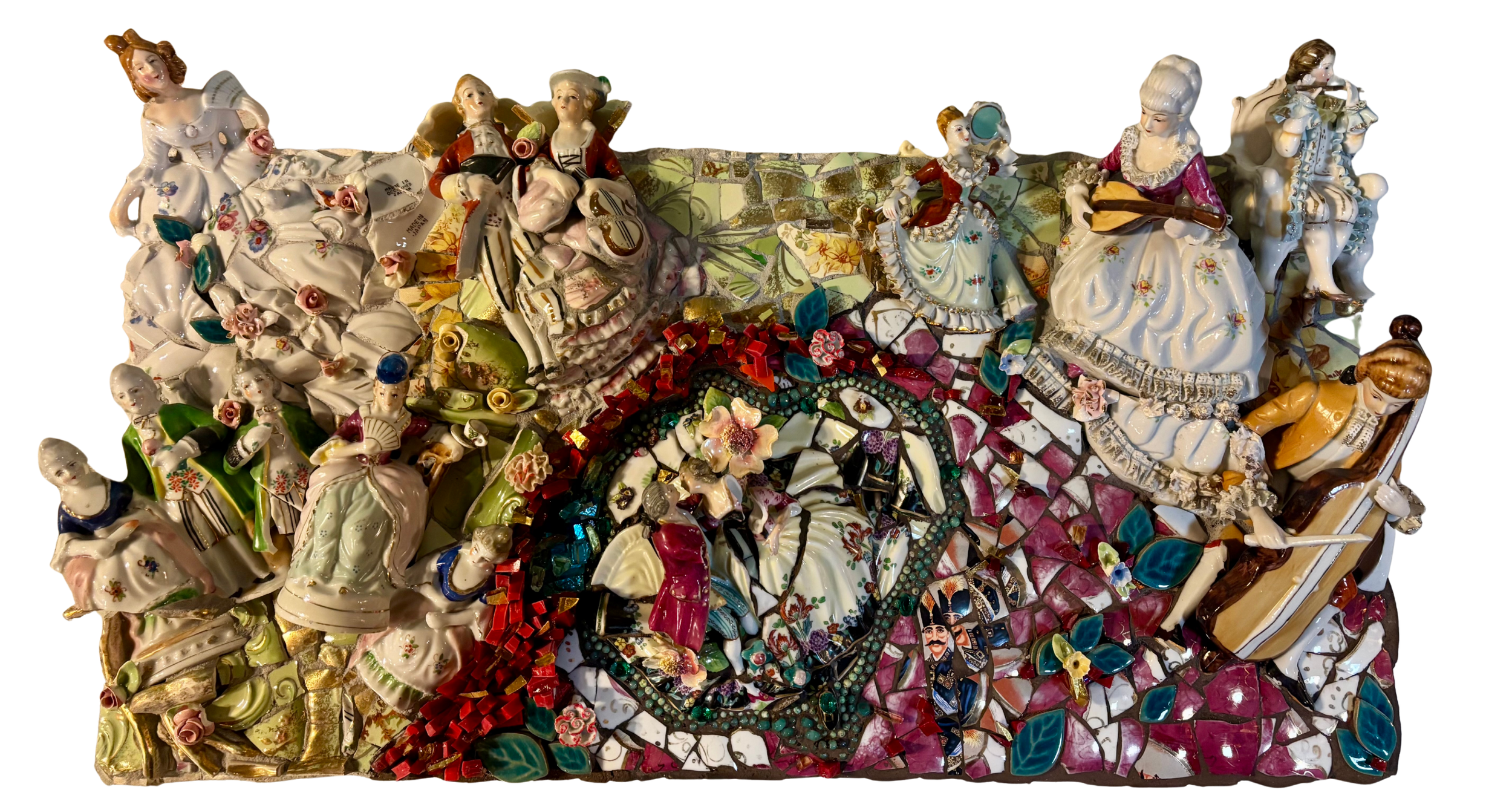 A colorful mosaic featuring porcelain figurines of men and women in traditional costumes, some playing musical instruments like guitars and drums, arranged on a textured base with decorative glass and floral elements.