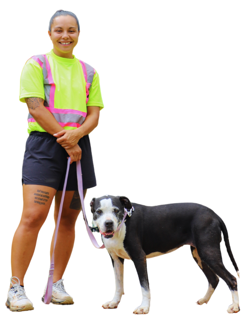 A smiling young woman wearing a bright yellow t-shirt and black shorts, holding a leash attached to a black and white dog, standing outdoors against a plain background.
