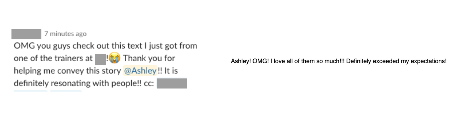Screenshot of a text message expressing excitement about a trainer and a story, mentioning a person named Ashley, with a crying emoji, and a reply praising Ashley.
