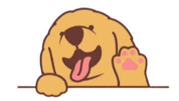 Cute cartoon dog with a smiling face, sticking out its tongue, and raising one paw.
