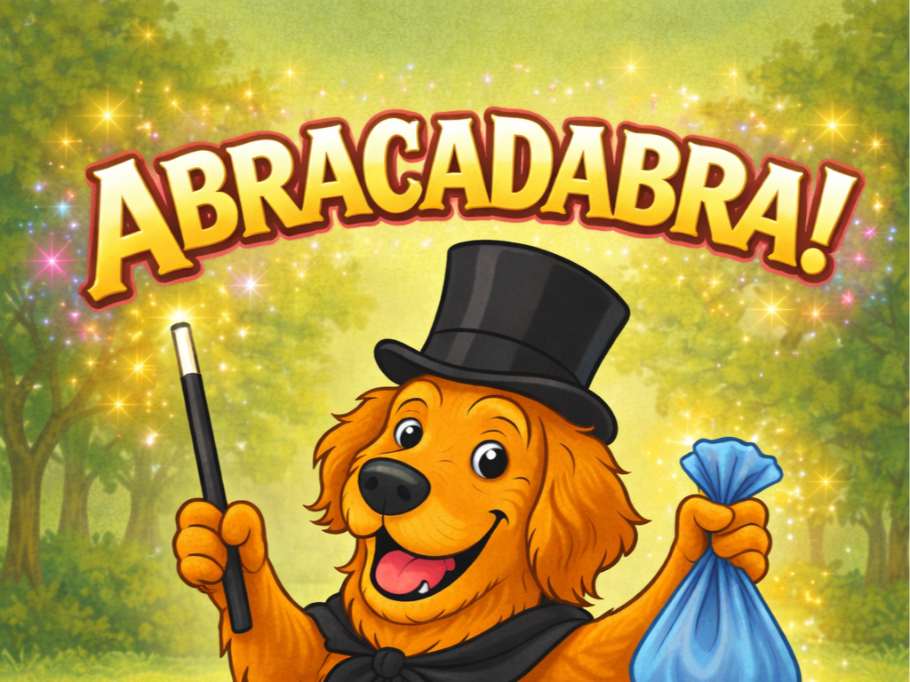A friendly cartoon lion dressed as a magician, wearing a black top hat and cape, holding a magic wand in one paw and a blue magic bag in the other, with glowing sparkles and a green wooded background, and the word 'ABRACADABRA!' in bold yellow and red letters above.