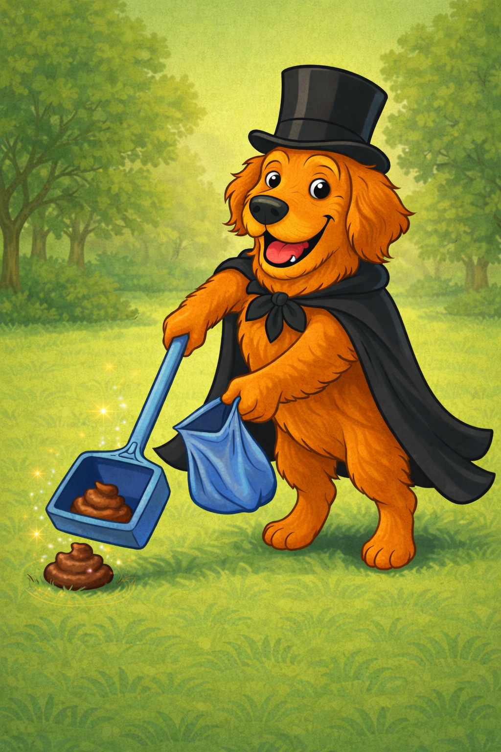 A cartoon dog dressed as a magician, wearing a top hat and black cape, holding a pooper scooper with dog poop, on a grassy field with trees in the background.