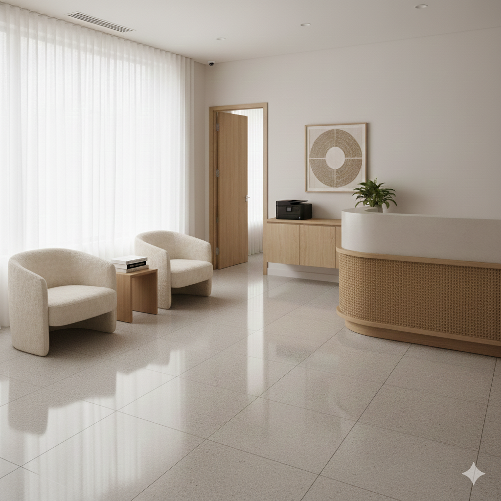 Pristine, minimalist office reception area showing the Halo Haven standard for commercial deep cleaning services. Spotless chairs, polished wooden surfaces, and an overall hygienic workspace.