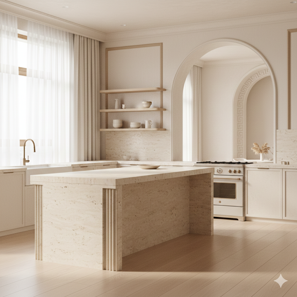 Bright, minimalist kitchen with white cabinetry, pristine stone counter and island, showing the Halo Haven standard of a spotless, deep-cleaned kitchen.