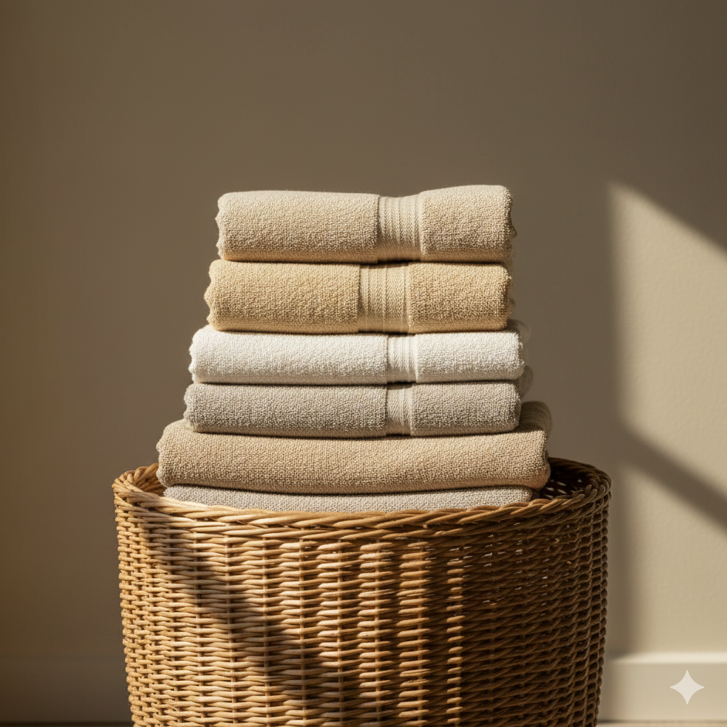Professionally folded towels demonstrating the Halo Haven standard for detailed linen organization and pristine bathroom cleaning service.