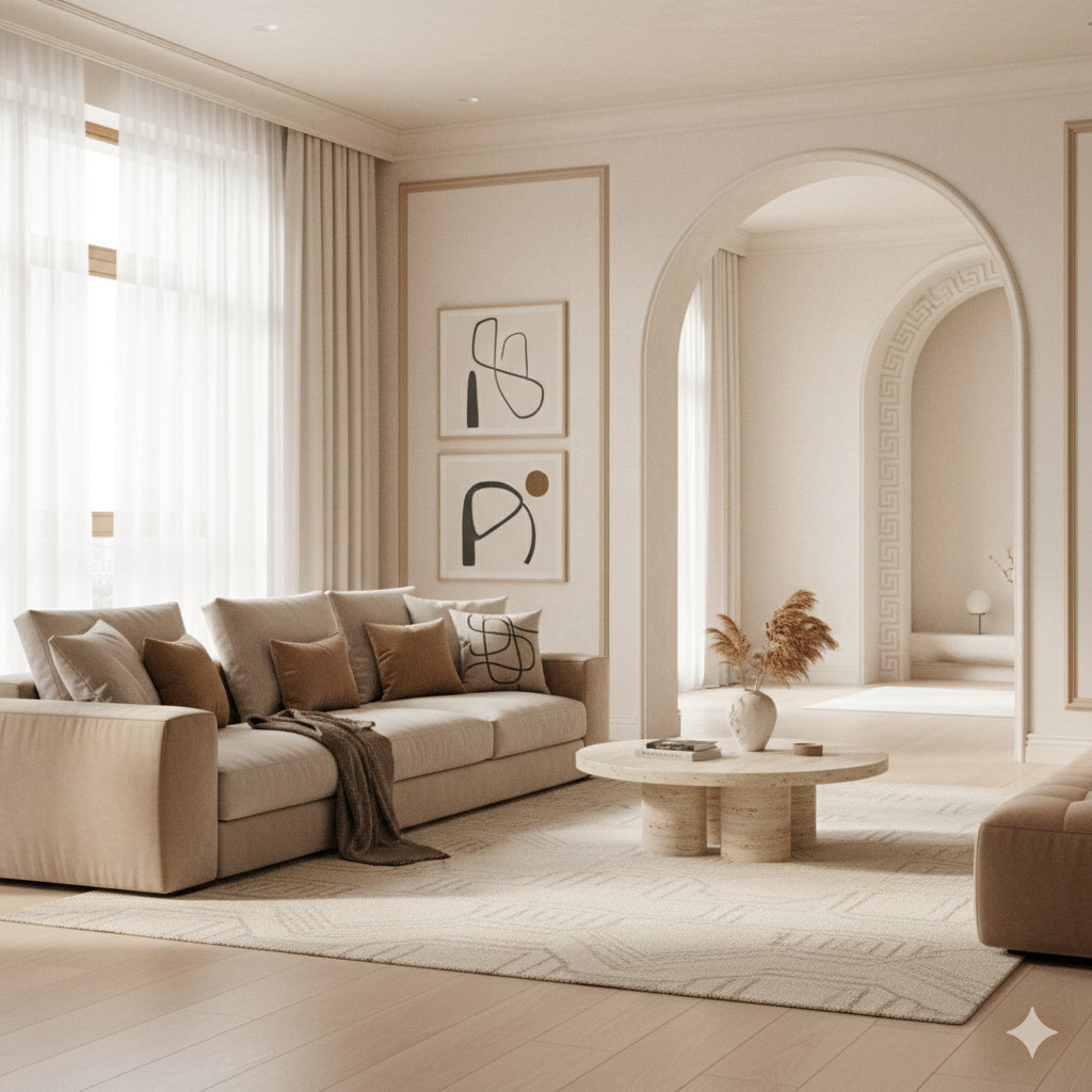 Neutral-toned, professional deep cleaned living room with cream walls, beige sofa, and polished marble coffee table. Illustrates the Halo Haven standard for detailed residential cleaning.