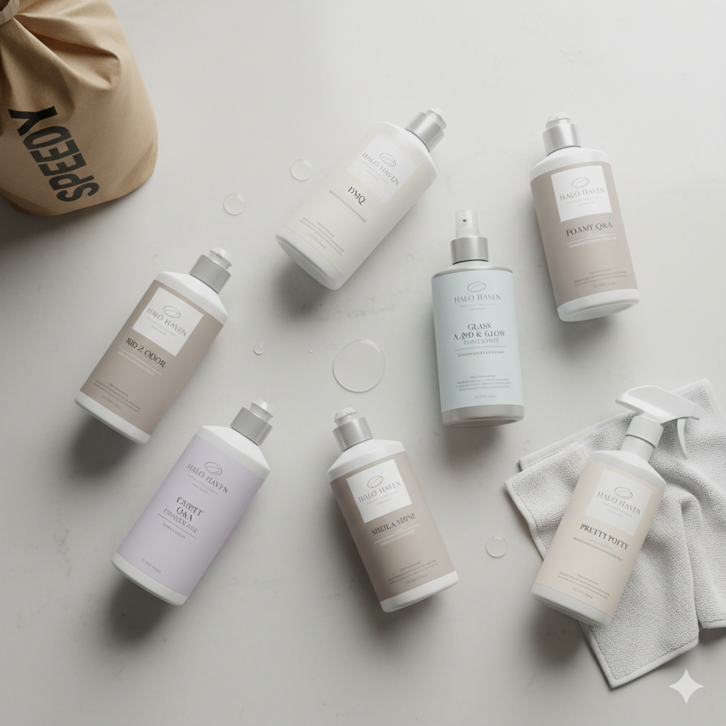 Halo Haven professional cleaning products toolkit featuring DMQ disinfectant and specialized solutions for deep residential cleaning service.