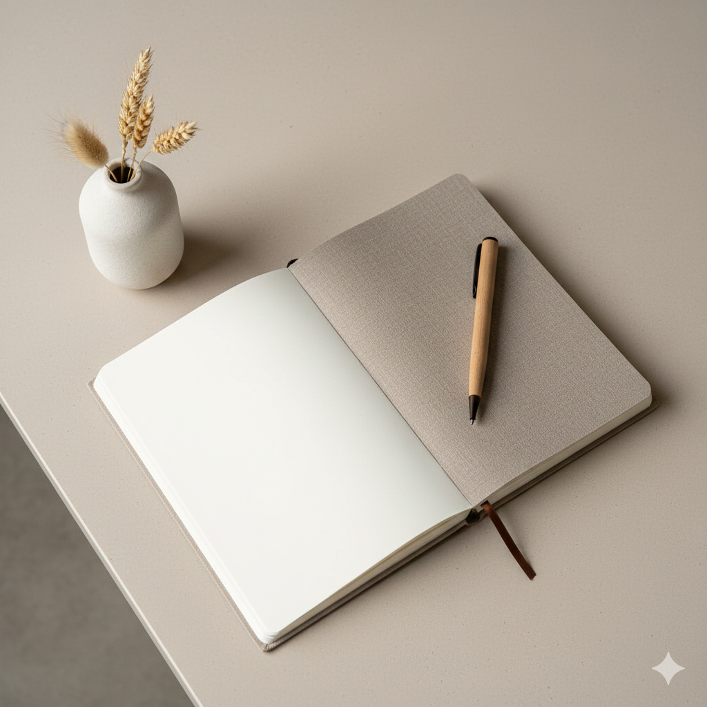 Open journal on a clean beige table, ready for Halo Haven contact and booking. A personalized residential cleaning service starts here.