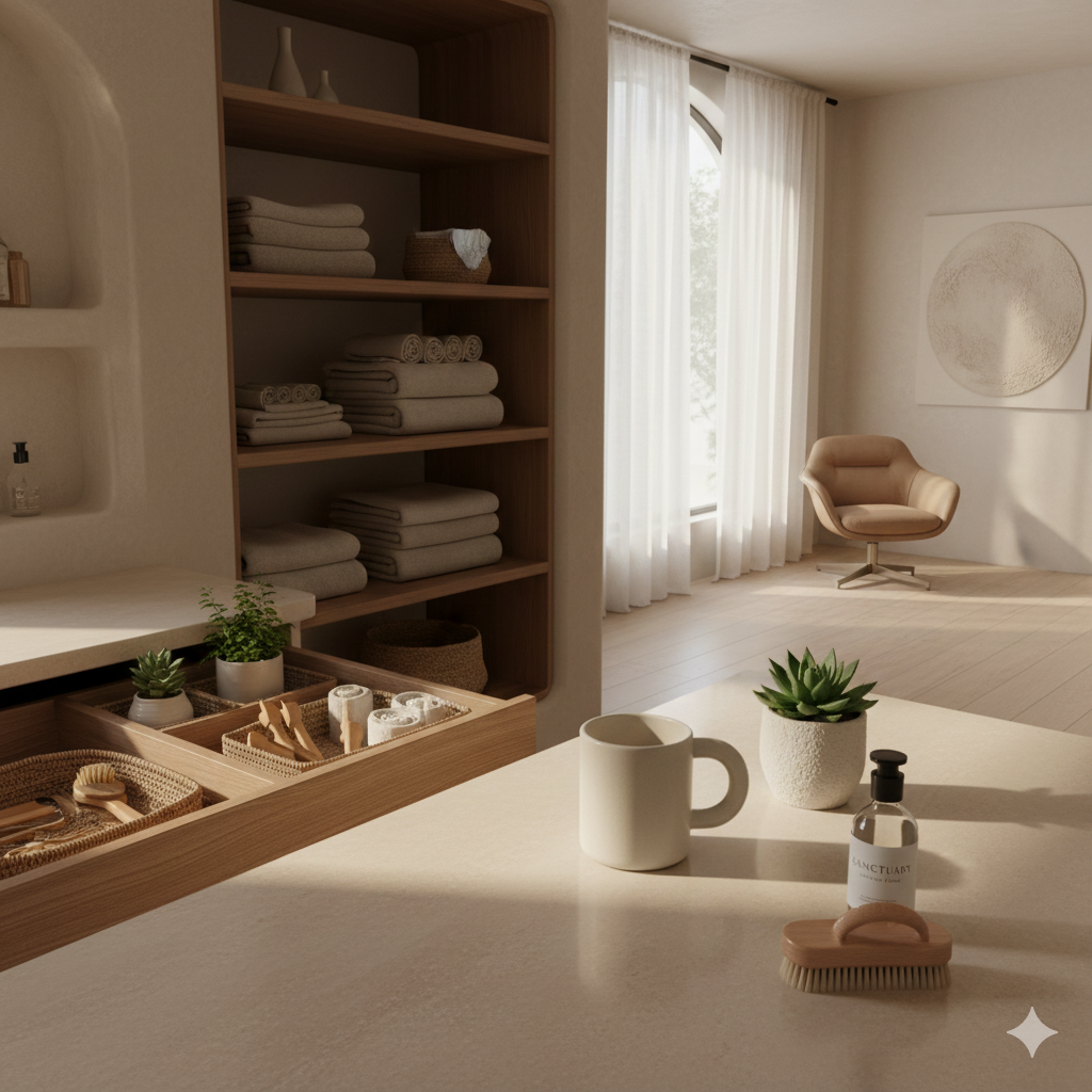 Deep cleaned room showcasing Halo Haven results: professional home organization and detailed linen folding. Pristine counter, cozy decor, and spotless surfaces achieved by residential cleaning service.