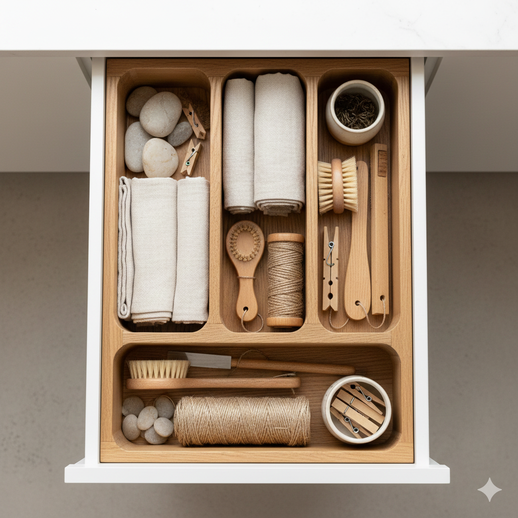 Professional cleaning toolkit organization demonstrating Halo Haven attention to detail. Tools and cloths are ready for residential cleaning service.