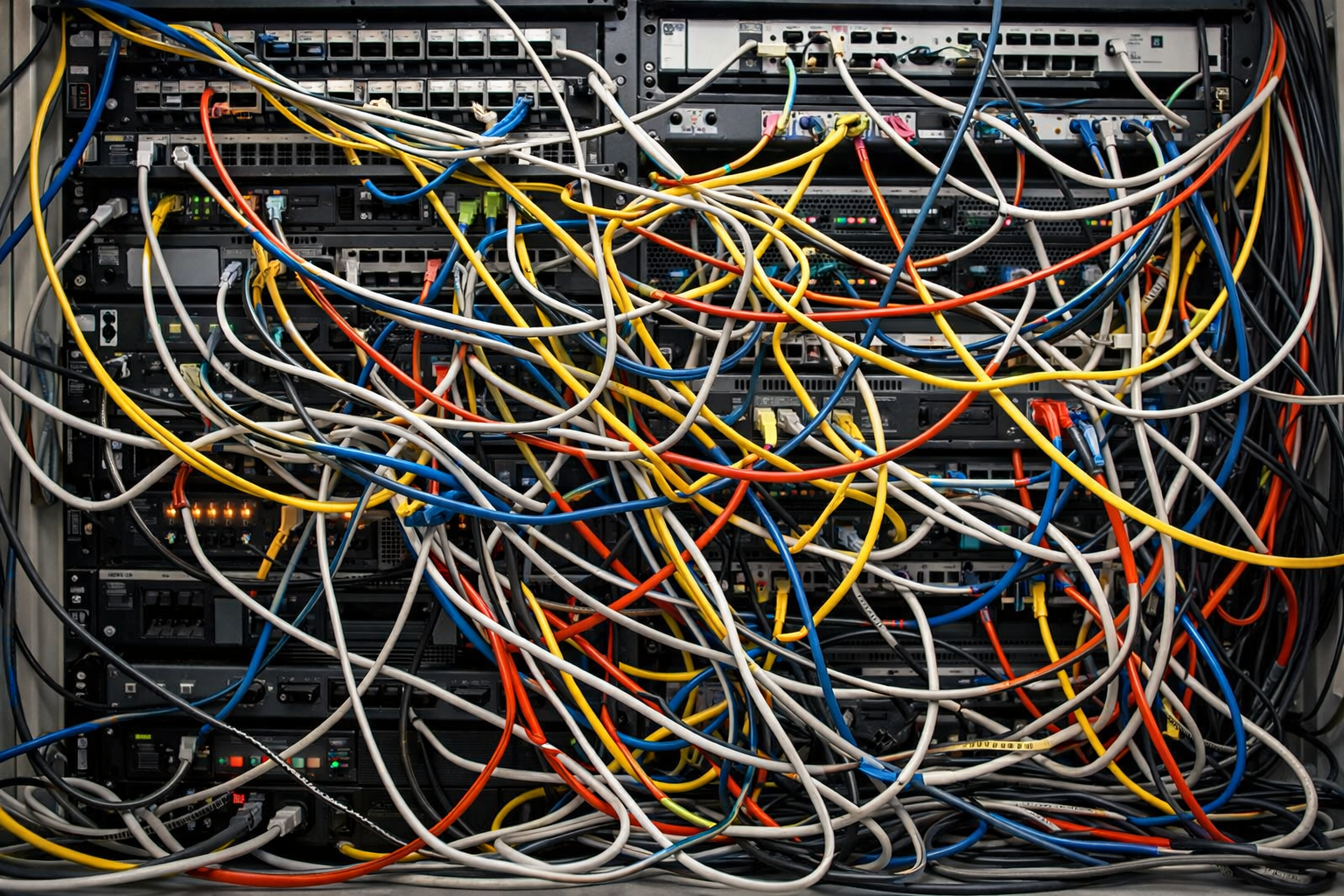 Messy network rack with cabling going everywhere