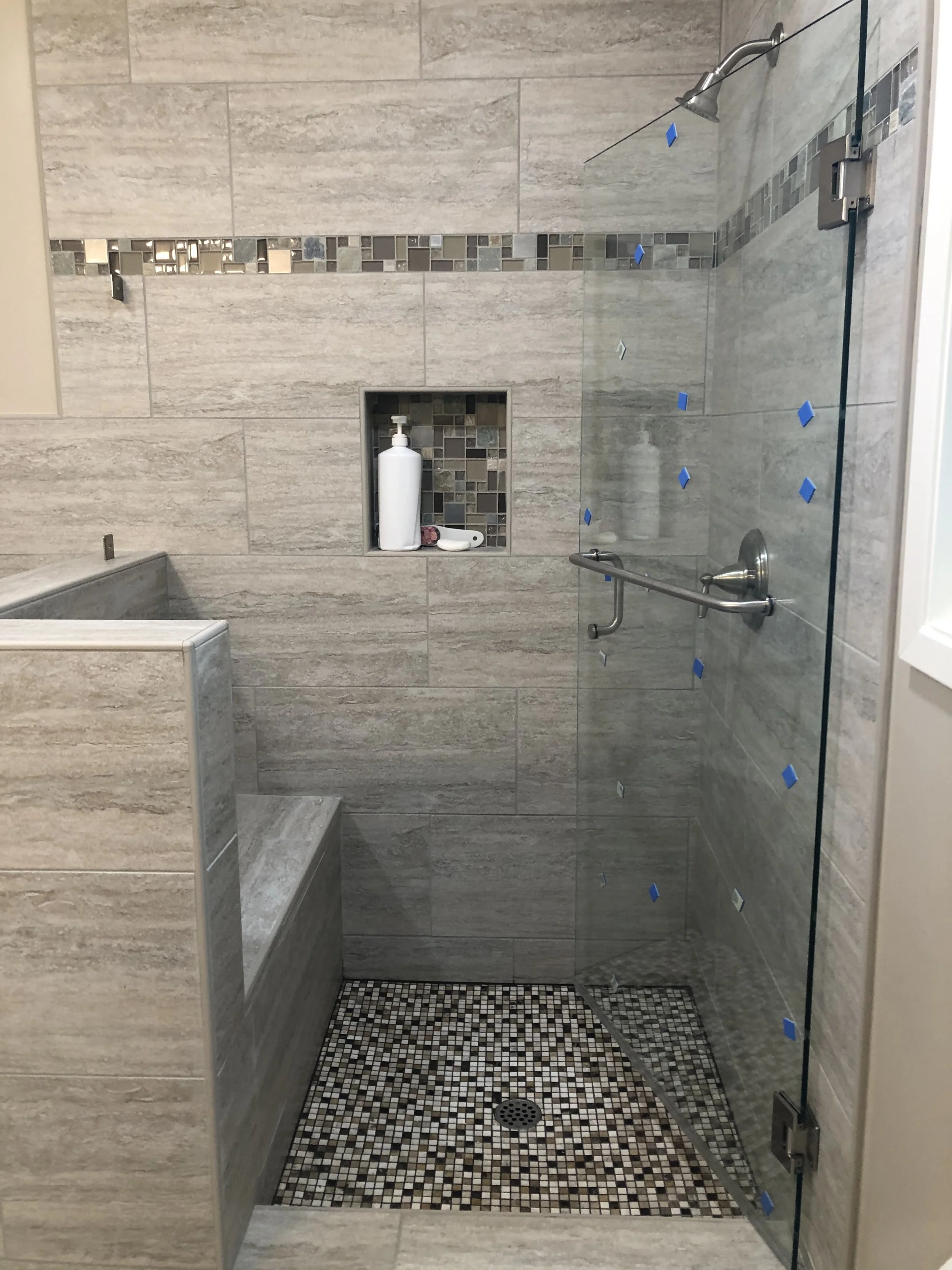 New Tile Shower with Heavy Glass Shower Door