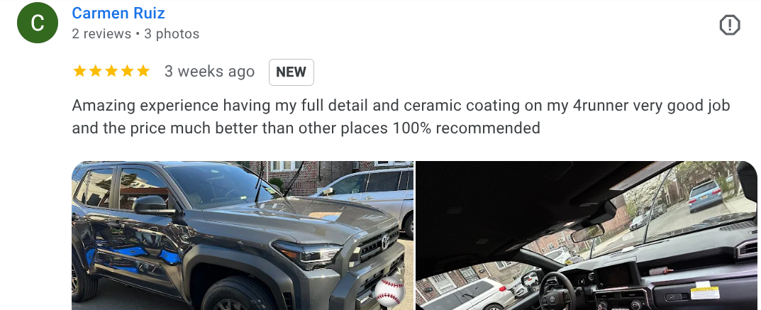 Two photos of a vehicle, with the first showing the outside of a gray 4Runner SUV with visible damage on the side, and the second showing the vehicle's interior dashboard and windshield, taken from the driver's seat.