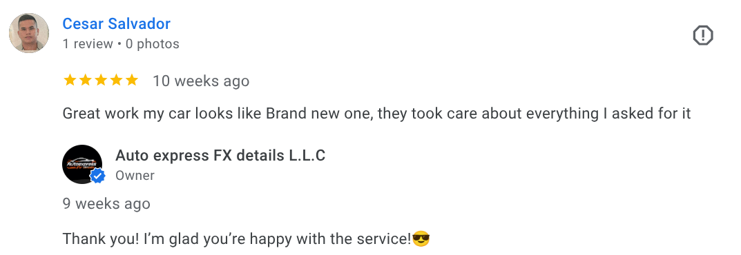 Customer review of a car service, with a five-star rating, praising the work done on their car, and a response from the business owner thanking the customer.