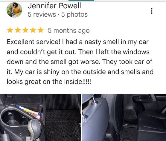 Customer review and photos of a car interior showing cleaned seats and floor mats.