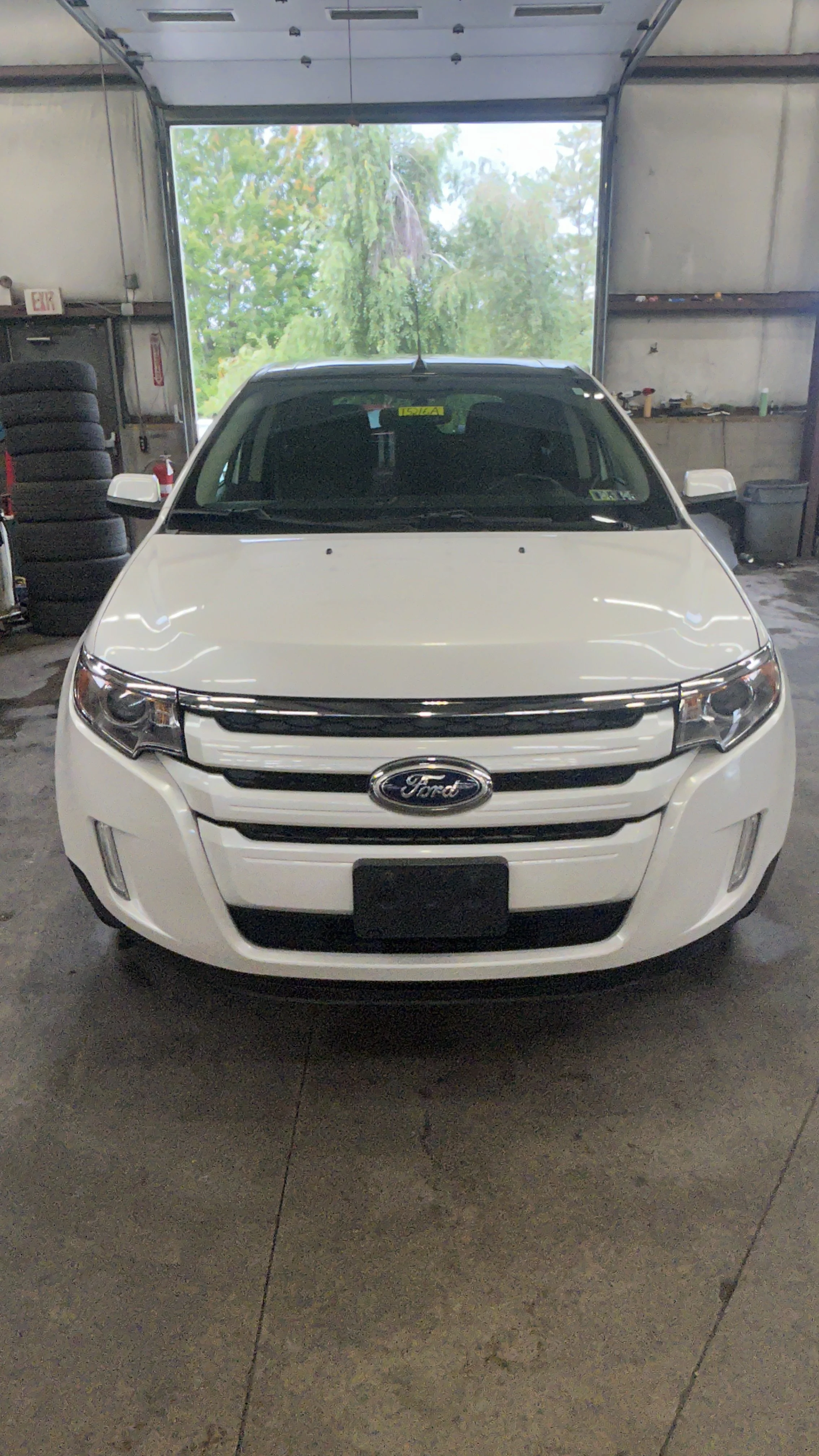 Front view of a white Ford car inside a garage with an open door, shelves on the right, stacked tires on the left, and greenery visible outside through the garage door.