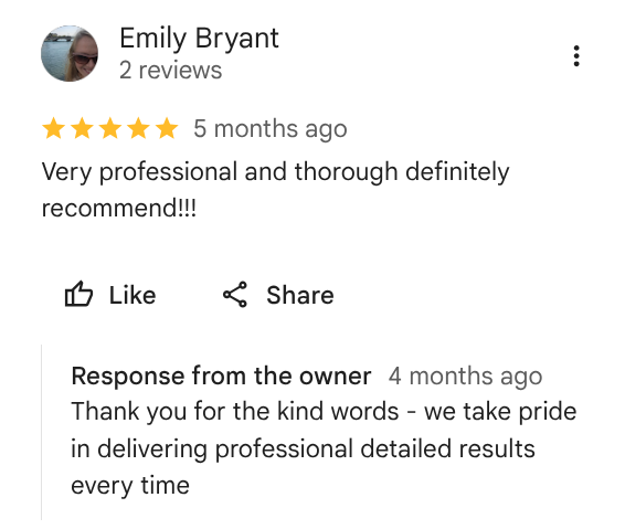 Screenshot of a positive online review from Emily Bryant, who has two reviews. She gives five stars and recommends the service, praising its professionalism and thoroughness. The response from the owner thanks her for the kind words and emphasizes their pride in delivering detailed results.