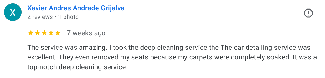 Screenshot of a review from Xavier Andres Andrade Grijalva praising a car cleaning service, mentioning deep cleaning and seat removal.