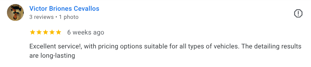 Screenshot of a customer review for a service, showing a five-star rating, the reviewer's name, date, and the review text praising the service for excellent quality and pricing options.