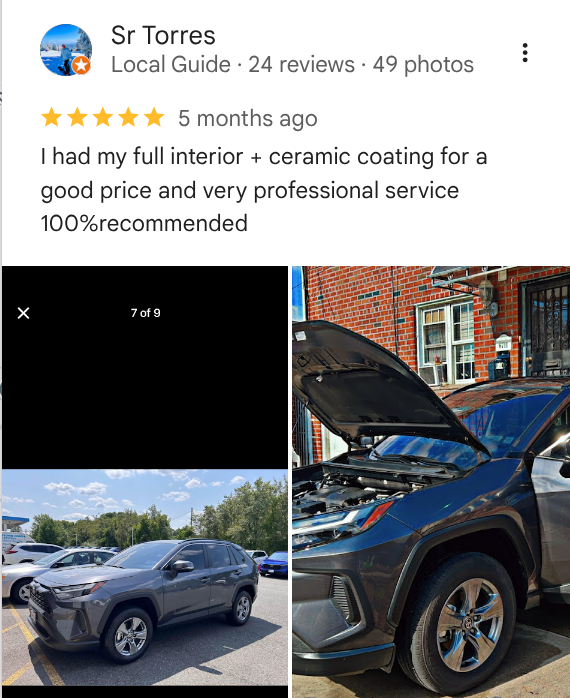 Side view of a gray SUV parked in a parking lot with trees and other cars in the background, and a close-up of a black SUV with its hood open parked next to a brick building.