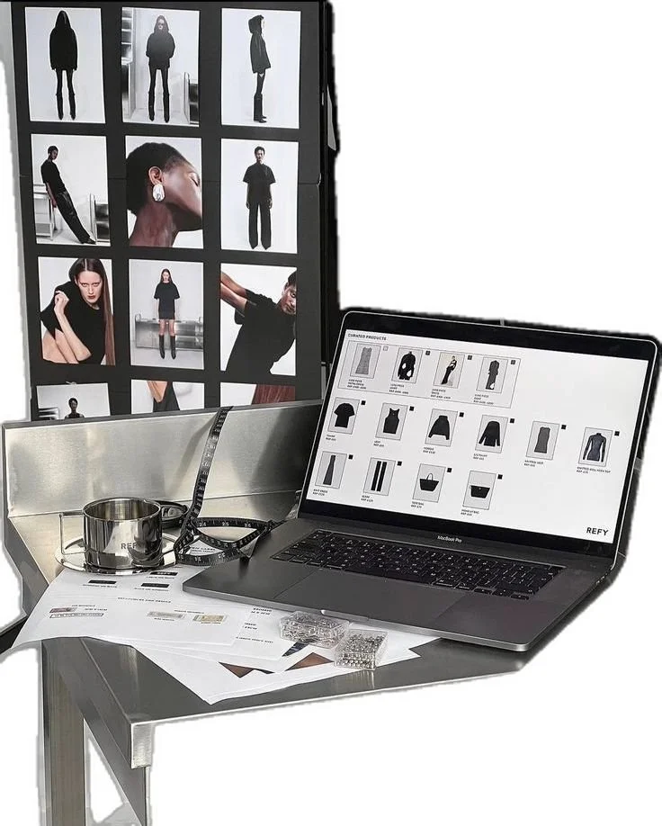 Computer workstation with a laptop displaying clothing design sketches, printed fabric samples, and a board showing various clothing models and sketches.