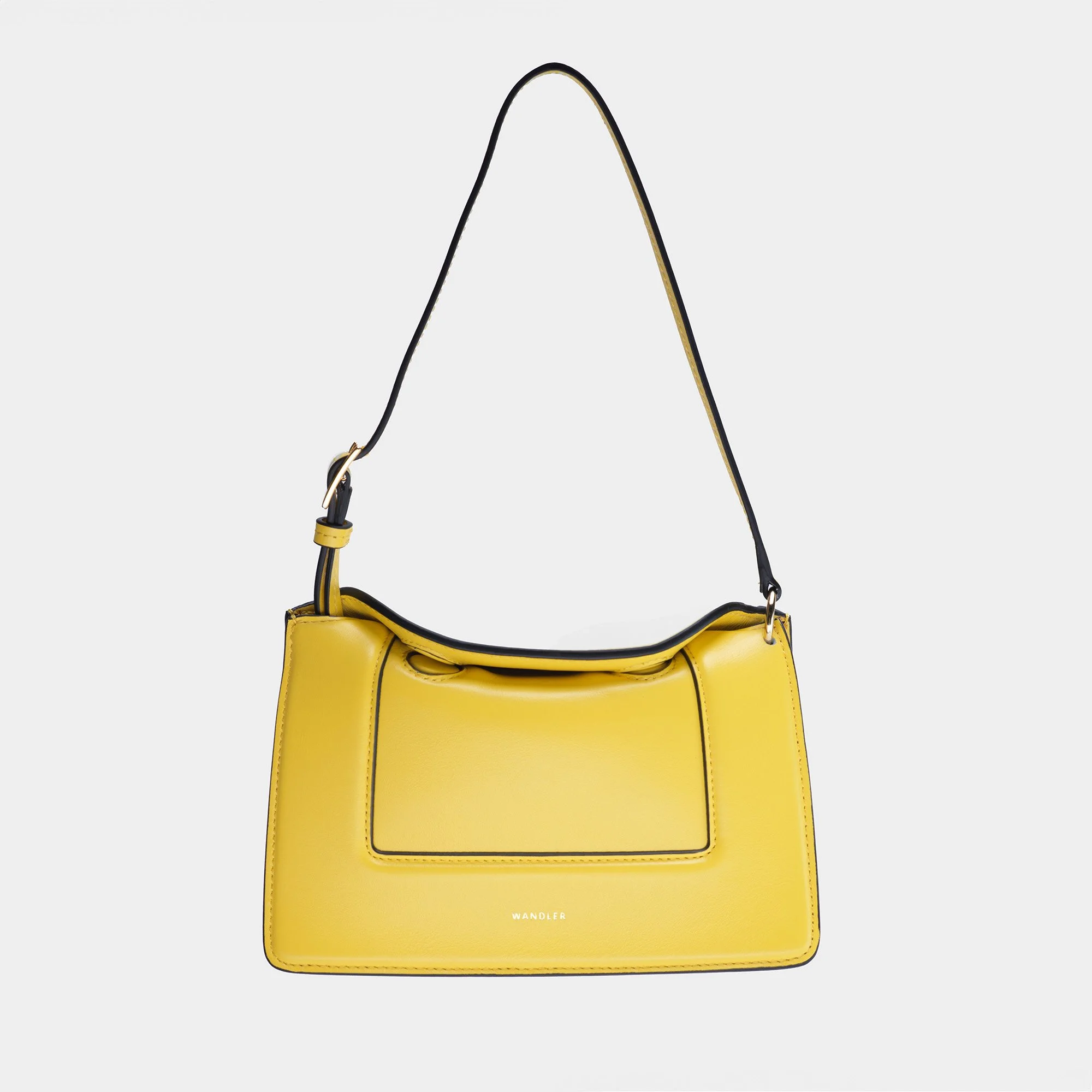 Yellow handbag with black strap and hardware, front view against a plain background.