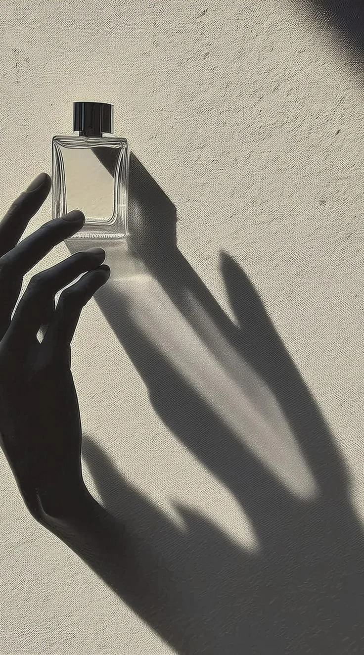 A clear perfume bottle with a black cap, held by a black-gloved hand, casting a shadow on a textured light-colored surface.