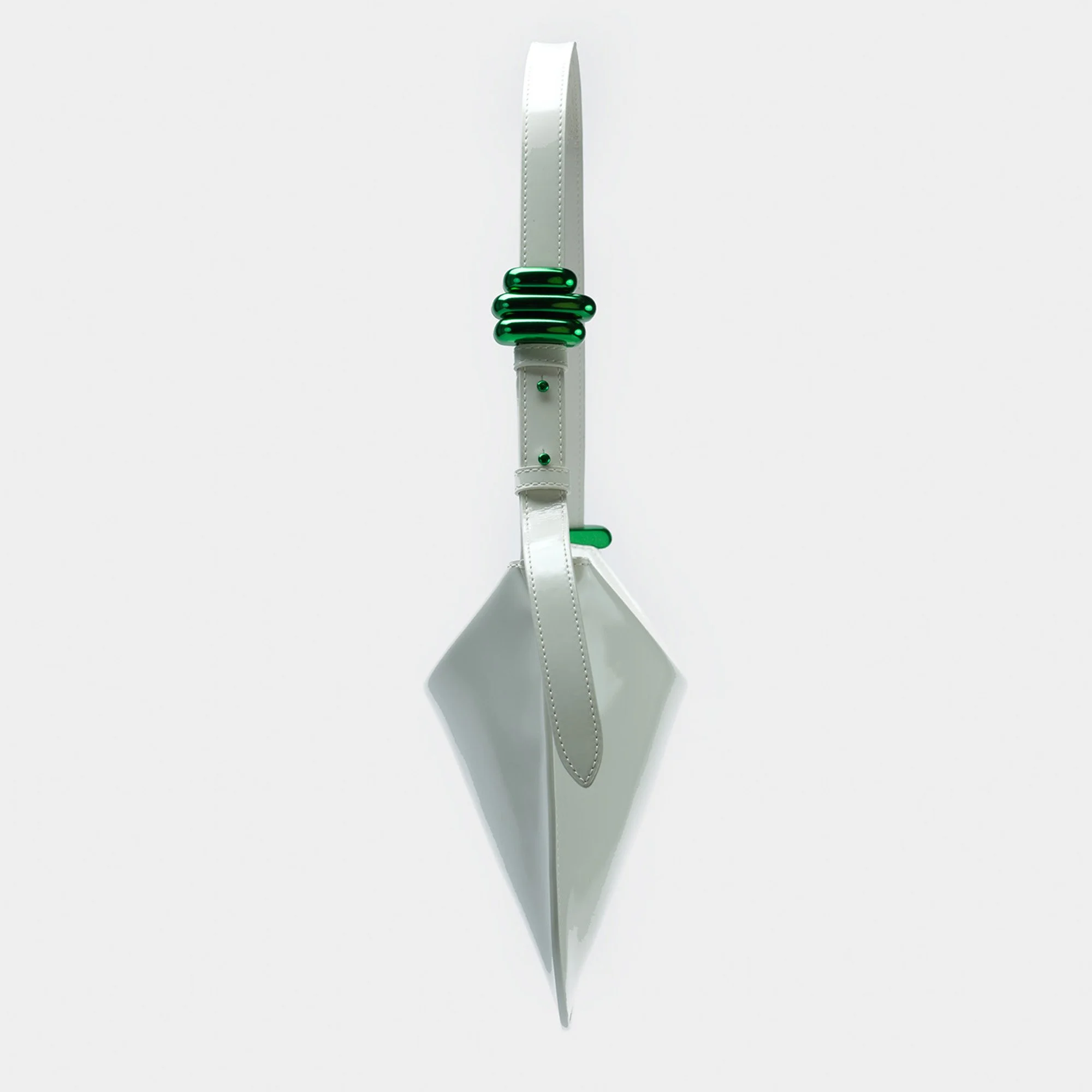 A white futuristic sword with green accents and a diamond-shaped blade, mounted on a plain white background.