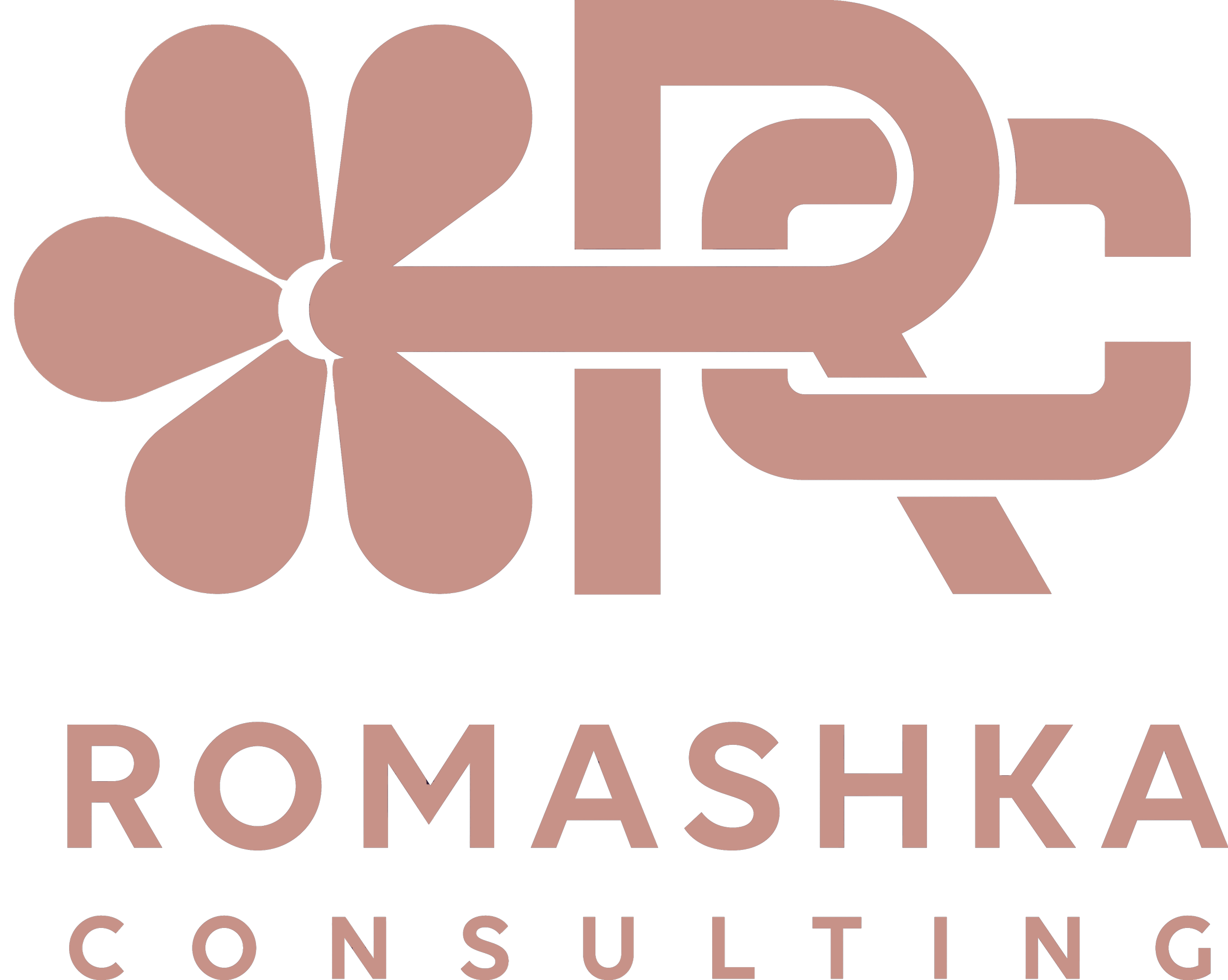 Logo for Romashka Consulting featuring a stylized flower with five petals and a speech bubble shape in pinkish-brown, with the text 'ROMASHKA CONSULTING' below.