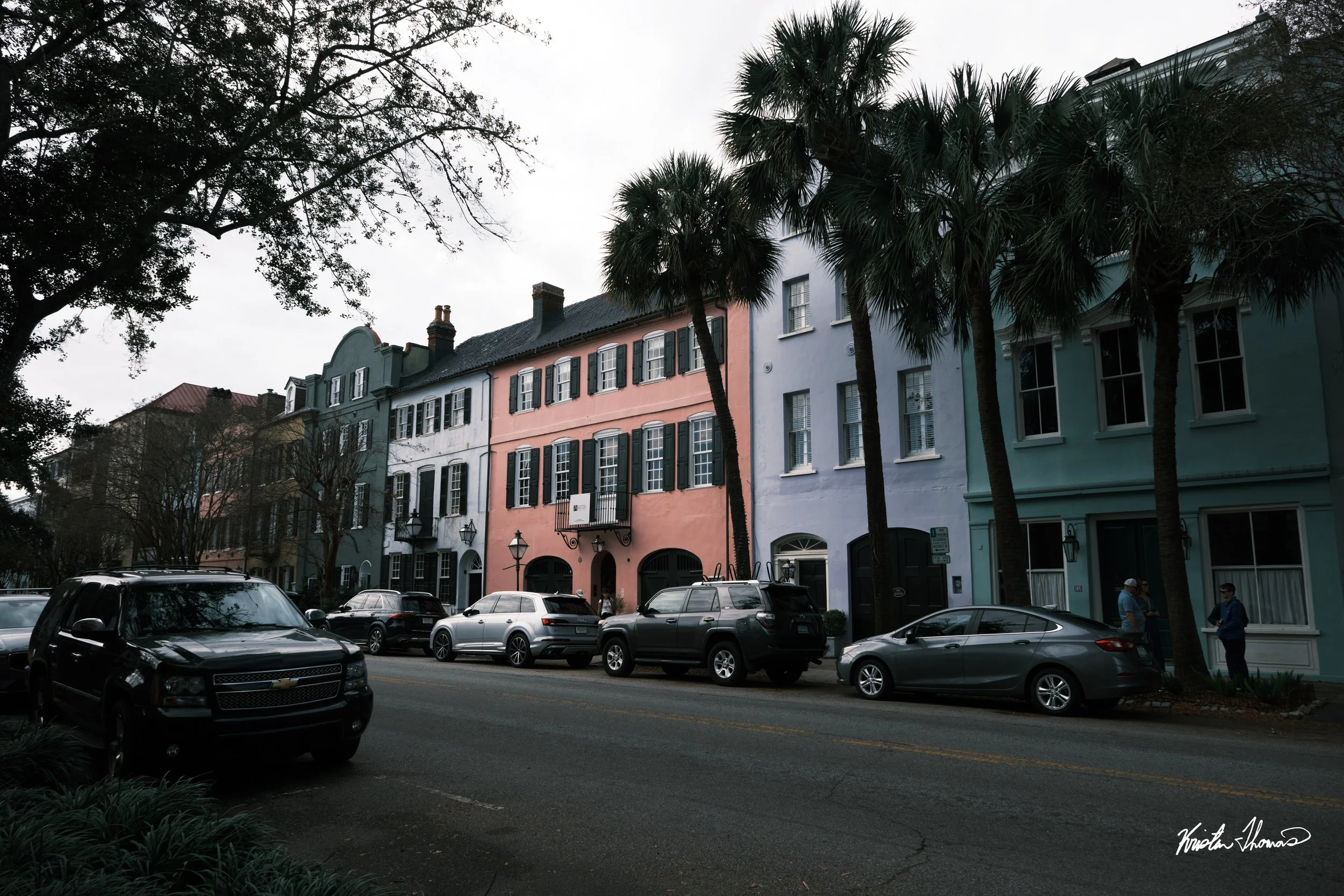 Colorful row of city houses with black shutters on a street, several cars parked along the curb, and tall palm trees in the foreground.