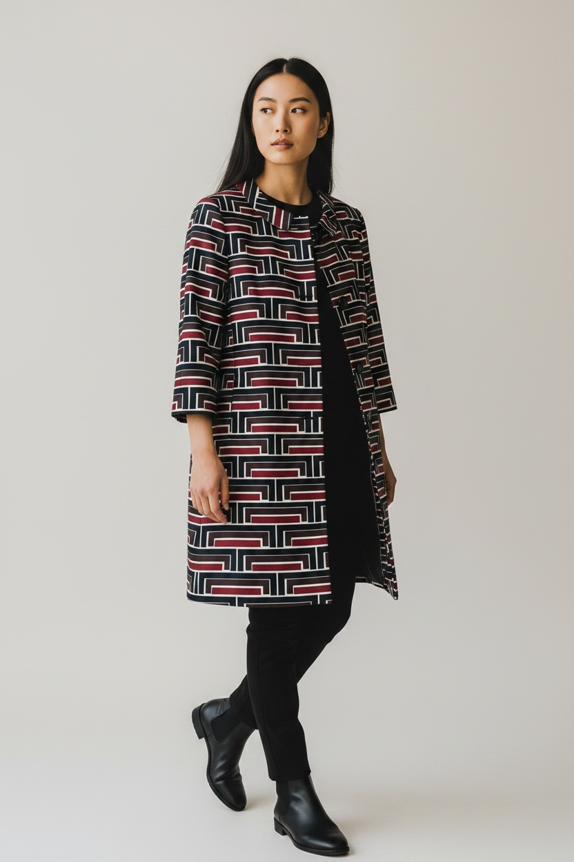 Geometric Patterned Mid-Length Coat
