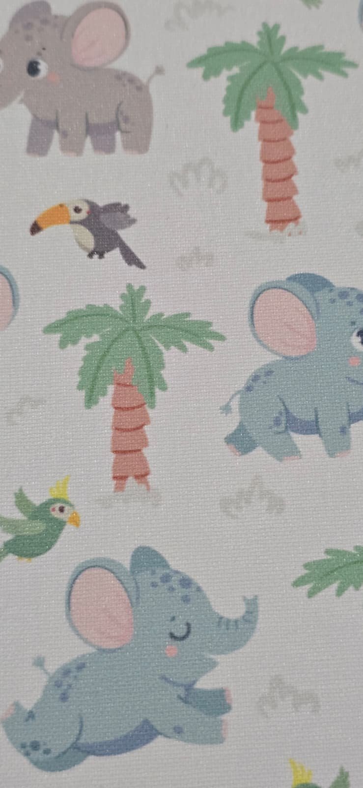 Pattern featuring cartoon elephants, toucans, parrots, palm trees, and small animals in pastel colors.