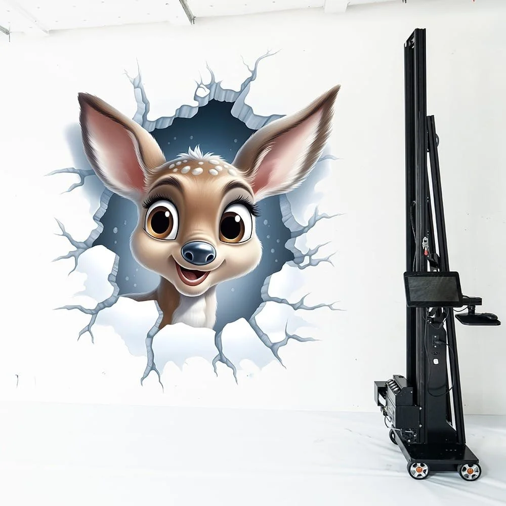 A wall mural of a cartoon deer with large eyes and a friendly expression, appearing to break through a wall with cracks surrounding it.