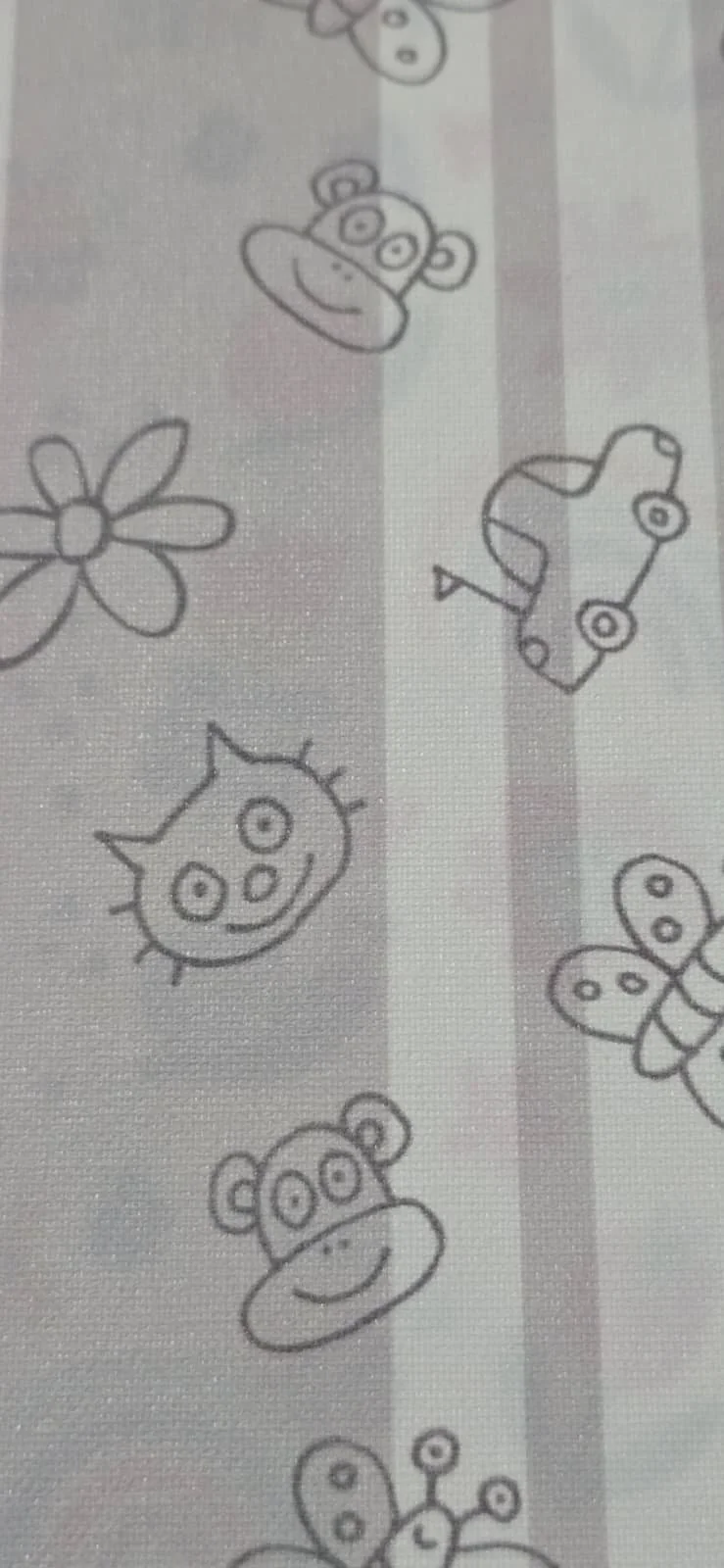 Black and white line drawing of various cute cartoon animals and insects including a monkey, a cat, a dog, a butterfly, a ladybug, and a bee on striped background.