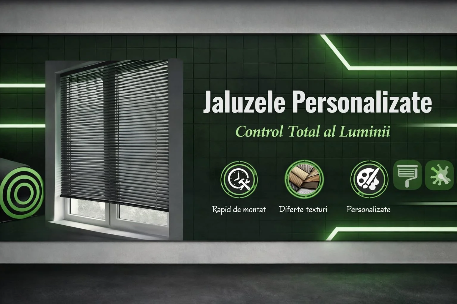 Advertisement for customizable blinds featuring the ability to control lighting, with icons indicating easy installation, various textures, personalized options, and a splash pattern.