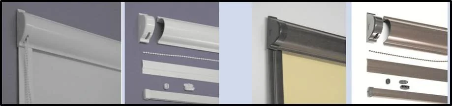 Close-up of various window roller shutters and their components, including brackets, tracks, and mounting hardware.