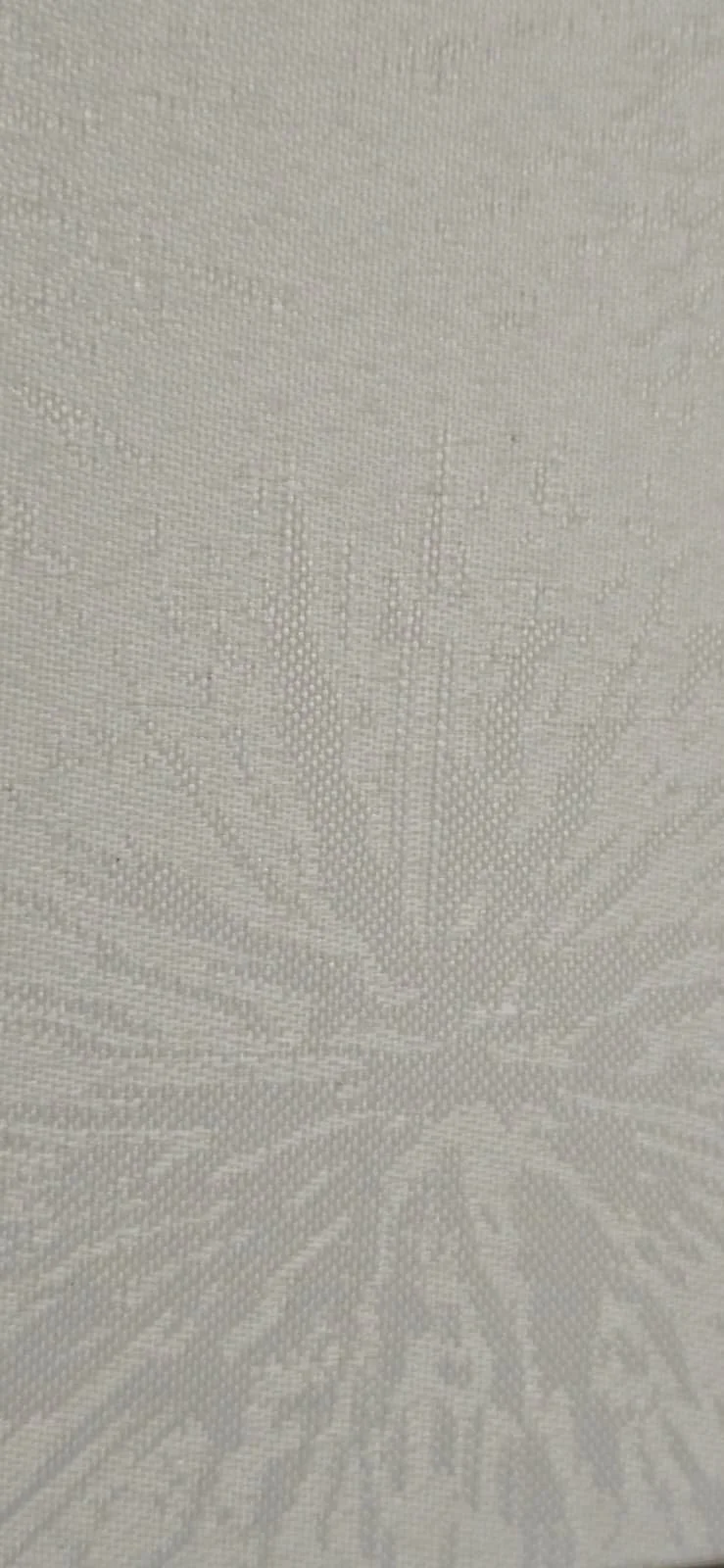 Close-up of textured beige or off-white fabric or wallpaper with a decorative, floral or starburst pattern.