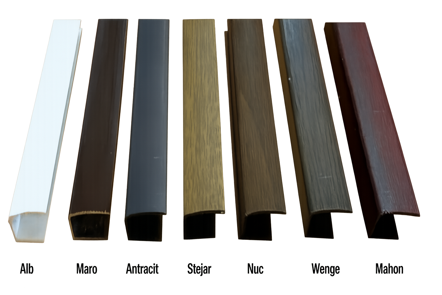 Six L-shaped pieces of wood colored white, dark brown, gray, yellowish, olive green, and red, labeled from left to right as Alb, Maro, Antracit, Stejar, Nuc, Wenge, and Mahon, arranged in a row.