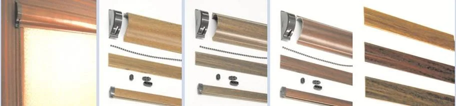 Row of horizontal blinds in copper, light wood, dark wood, and patterned wood finishes, with hardware and mounting components displayed.