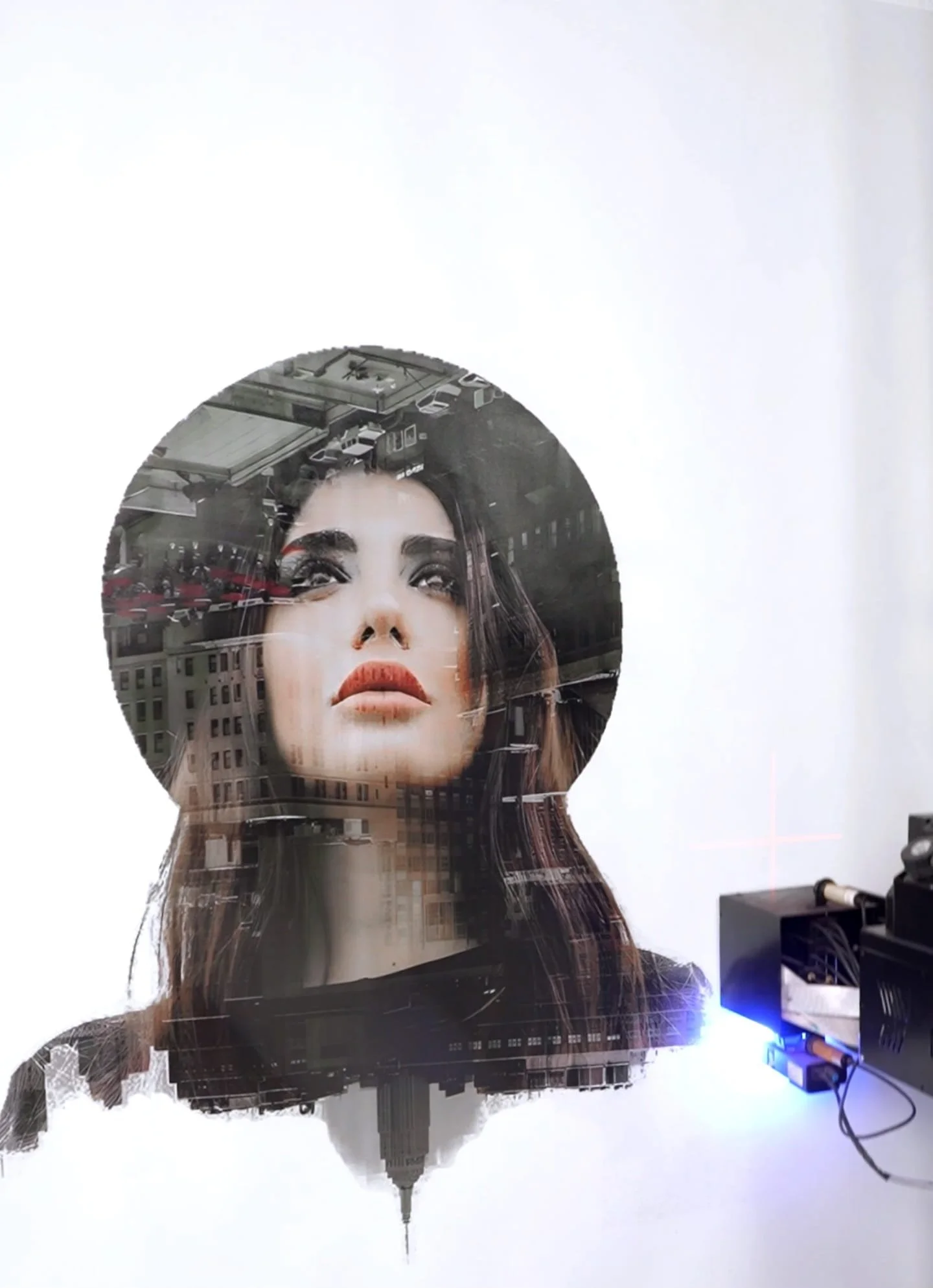 A large mural of a woman's face with long hair, set against a white wall. The mural features a cityscape reflected in her face, creating a double-exposure effect. The building in the reflection has a spire on top.