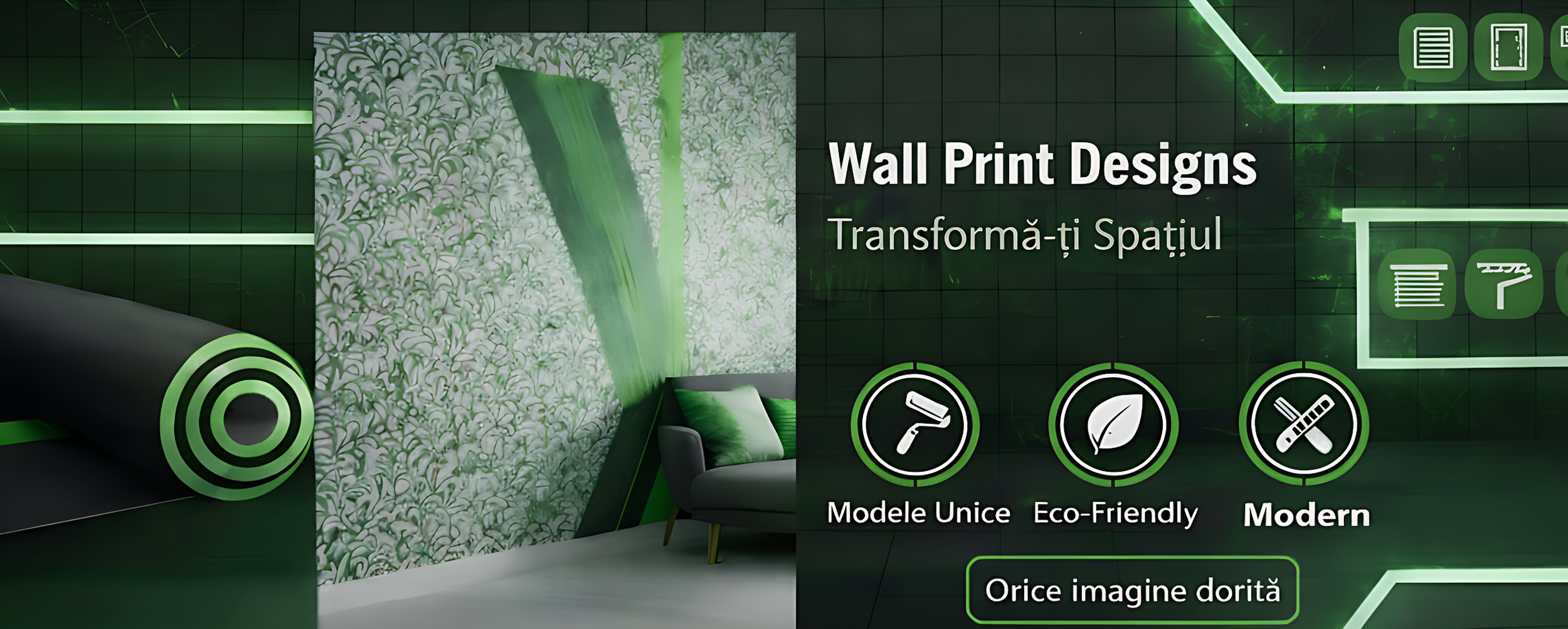 Display of wall print designs with a modern, eco-friendly aesthetic featuring green and white patterns and the text 'Wall Print Designs' and 'Transformă-ți Spațiul' in Romanian, along with icons representing different design models and features.
