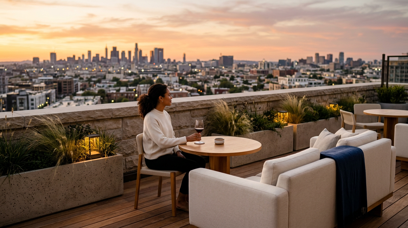 A woman sitting alone on a rooftop terrace at sunset, holding a glass of red wine, with a view of a city skyline in the background, surrounded by outdoor furniture and planters.