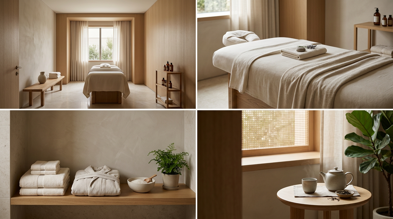 A serene room with a massage table in front of a large window, a bed with folded towels, a shelf with bottles, a neatly arranged shelf with towels, therapeutic products, a cozy sitting area with a potted plant, and a small table with a teapot, cups, and bowls.